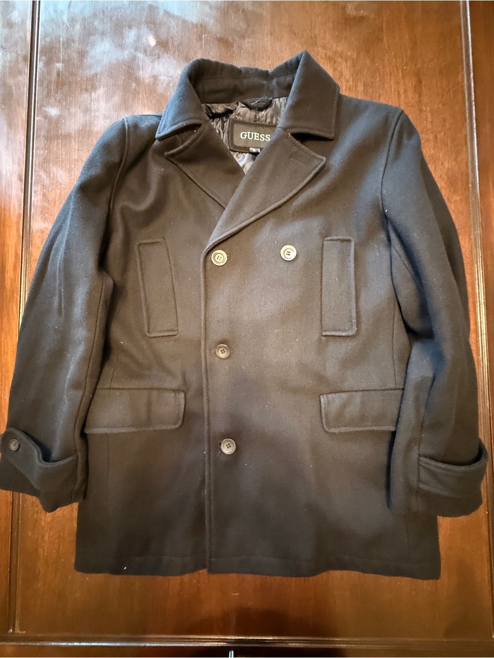 GUESS Black Double-Breasted Wool Peacoat